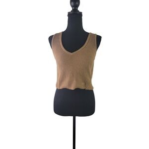 FRAME Ribbed Knit V-Neck Sweater Tank Top Camel Brown Sleeveless Cropped